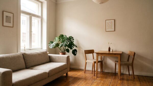 Helle einfache Mietwohnung mit Sofa und Esstisch als Sozialwohnung mit Wohnberechtigungsschein