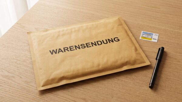 Warensendung Umschlag mit Aufschrift und Briefmarke auf Schreibtisch