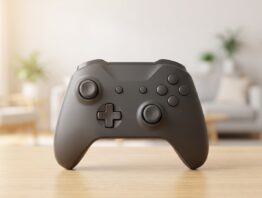 Dunkelgrauer Gaming-Controller auf einer hellen Holzflaeche