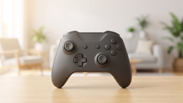 xbox game pass kosten bild 1 Dunkelgrauer Gaming-Controller auf einer hellen Holzflaeche