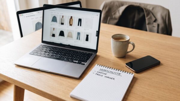 zalando cyber monday einkauf planen Laptop mit Wunschliste und Notizzettel zur Vorbereitung auf Cyber Monday Zalando