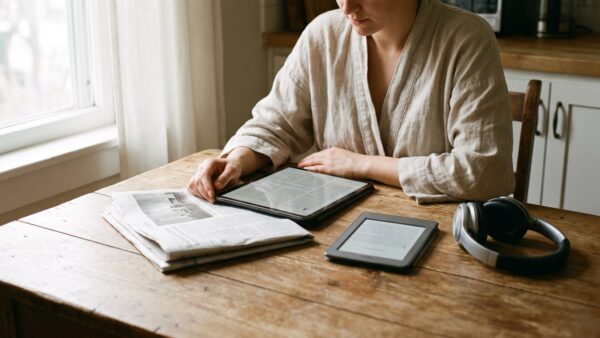 zeit abo digital Tablet mit digitaler Zeitungsansicht neben gedruckter Wochenzeitung und E-Reader