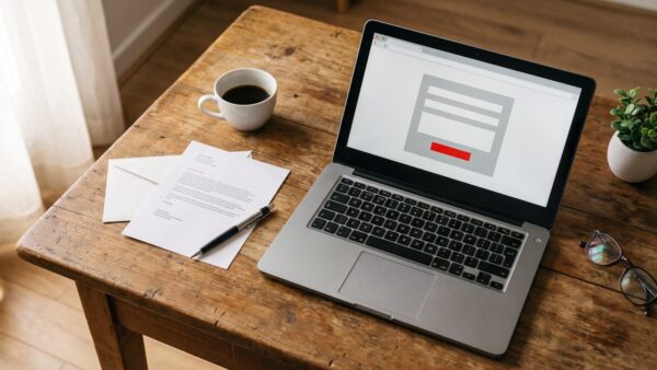 zeit abo kuendigung Laptop mit Online-Kündigungsformular, Kündigungsschreiben und Briefumschlag auf einem Schreibtisch