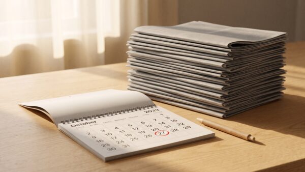 zeit abo probeabo Stapel gefalteter Wochenzeitungen neben einem Kalender mit rot markiertem Kündigungstermin