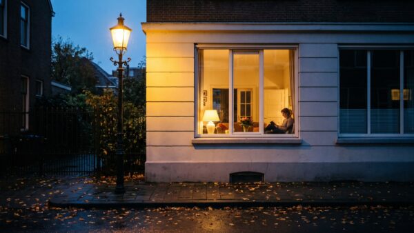 zeitumstellung 2026 dunkle abende Beleuchtete Fenster am dunklen Herbstabend nach der Zeitumstellung