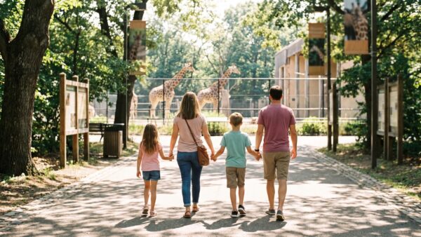 zoo familie Familie mit zwei Kindern auf einem Weg zwischen Tiergehegen