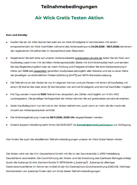 Teilnahmebedingungen der Air Wick Gratis Testen Aktion im Ueberblick