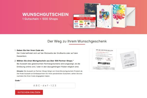 Screenshot Wunschgutschein Wunschgutschein einlösen