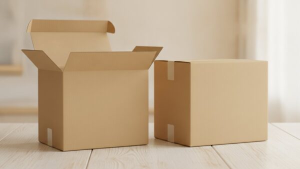 Zwei unbedruckte Kartonschachteln nebeneinander auf einem hellen Holztisch, eine geöffnet und leer