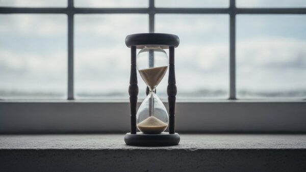 Halb durchgelaufene Sanduhr aus Holz und Glas auf einer hellen Fensterbank im Gegenlicht