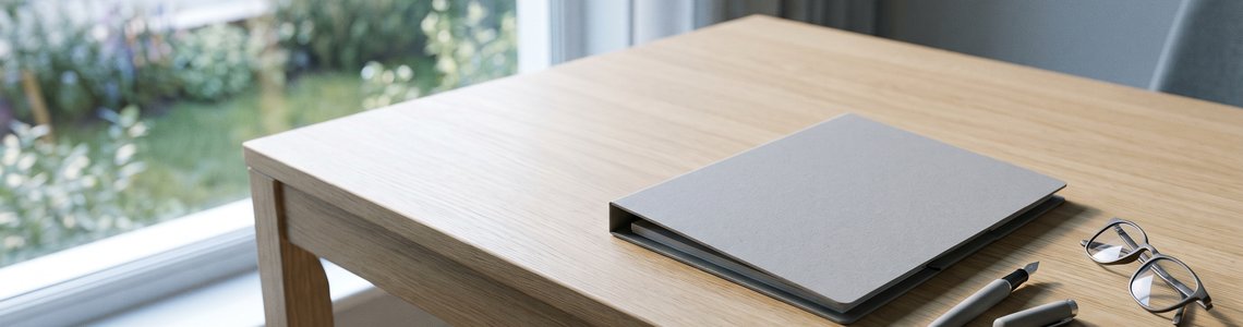 Aufgeräumter Schreibtisch mit geschlossener Dokumentenmappe, Füllfederhalter und Lesebrille im Morgenlicht