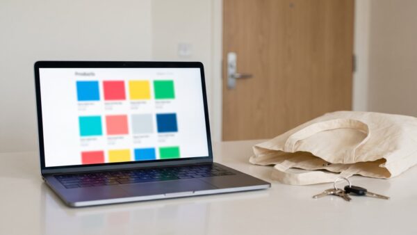 action online bestellen bild 1 Laptop mit Produktübersicht neben leerer Einkaufstasche und Schlüsselbund auf dem Küchentisch