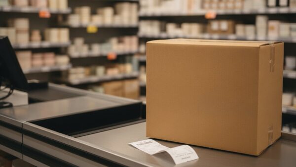 action online bestellen bild 2 Verpackter Karton mit leerem Abholzettel und Kassenbon auf dem Tresen eines Discounters