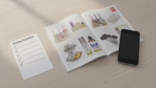 action online bestellen bild 3 Aufgeschlagener Werbeprospekt mit Deko und Haushaltswaren neben Smartphone und Einkaufszettel