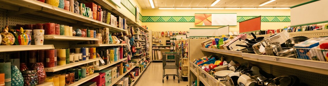 Gang in einem Non-Food-Discounter mit Deko-Regalen, Wühltischen und leerem Einkaufswagen