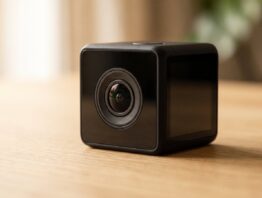 Nahaufnahme einer kleinen Actionkamera mit dunklem Display