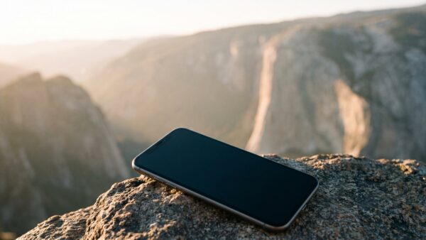 actionkamera kaufberatung bild 3 Smartphone mit dunklem Bildschirm auf einem Felsen vor Berglandschaft