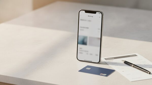 adac login kreditkarte banking ADAC Kreditkarten-Banking auf dem Smartphone neben blauer Kreditkarte und Abrechnung