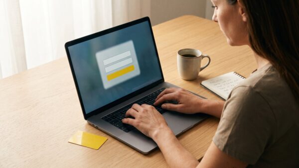 adac login mein adac Mein ADAC Login am Laptop mit gelber Clubkarte auf dem Schreibtisch