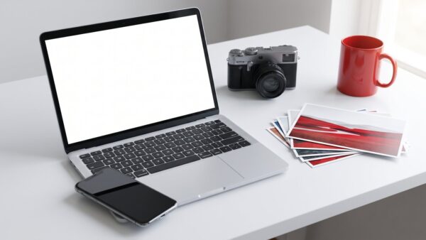 Notebook, Smartphone und Kamera auf einem Schreibtisch als Symbol für den Adobe Login