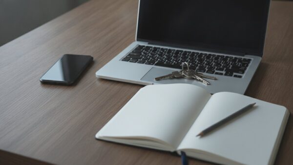 Smartphone, Notebook, leeres Notizbuch und Schlüsselbund als Symbol für Probleme beim Adobe Login