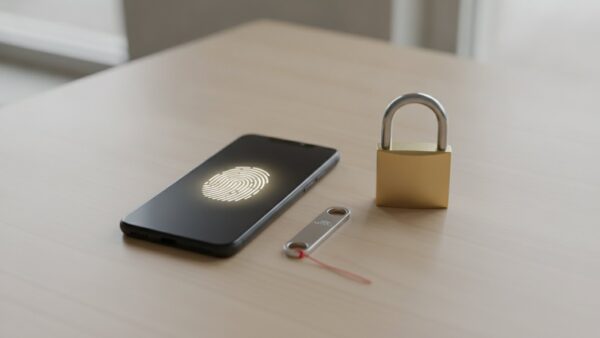 Smartphone mit Fingerabdruck-Symbol, USB-Sicherheitsschlüssel und Vorhängeschloss für die zweistufige Verifizierung beim Adobe-Konto
