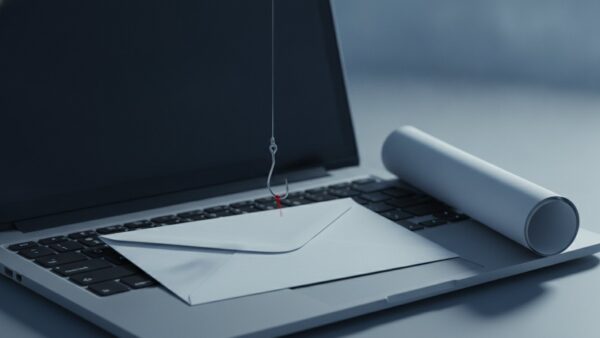 Angelhaken über einem weißen Briefumschlag auf einer Notebook-Tastatur als Symbol für Phishing-Mails im Namen von Adobe