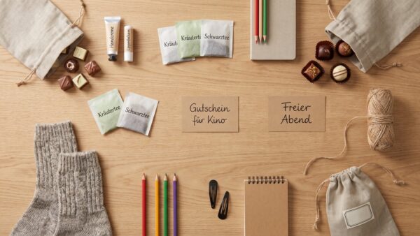 adventskalender fuellen ideen Ausgebreitete Fuellideen fuer einen selbst befuellten Adventskalender auf einem Holztisch