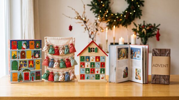 Verschiedene Adventskalender für Kinder nebeneinander auf einem Tisch