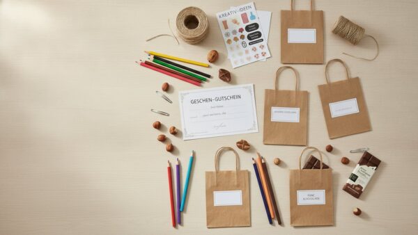 Selbst befuellter Adventskalender mit Papiertueten, Stiften und kleinen Geschenken