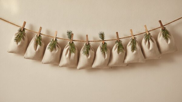 Wiederbefuellbarer Stoff-Adventskalender mit nummerierten Saeckchen an einer Leine