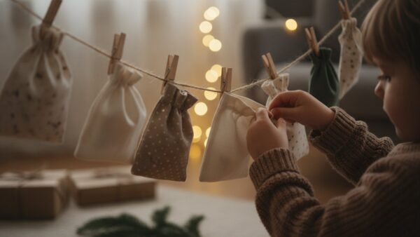 Kind öffnet ein Türchen an einem selbst befüllten Adventskalender