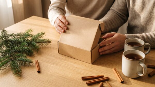 adventskalender paare bild 1 Zwei Hände öffnen gemeinsam eine kleine Schachtel auf einem Holztisch mit Tannenzweig und Tassen
