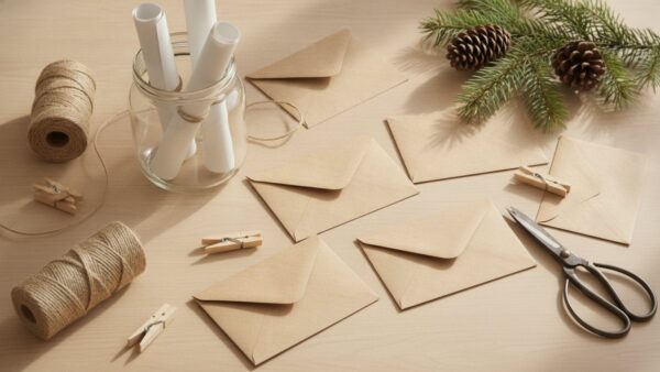 adventskalender paare bild 4 Basteltisch mit Kraftpapier-Umschlägen, einem Glas mit gerollten Zetteln, Schnur und Holzklammern