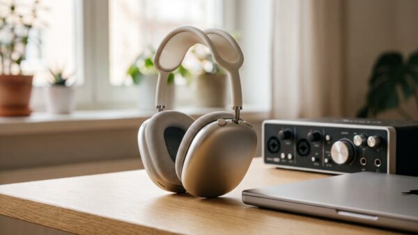 Over-Ear-Kopfhoerer mit Aluminium-Hoermuscheln am Schreibtisch neben Audio-Interface