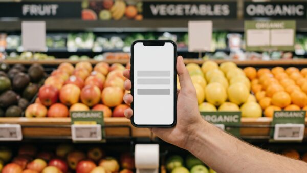 aldi sued kundenkonto bild 1 Hand mit Smartphone vor einem Login-Formular ohne Logo im Supermarkt