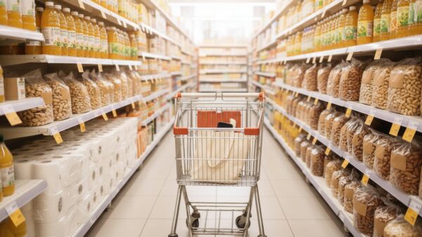 aldi sued kundenkonto bild 4 Einkaufswagen im Discounter-Gang mit Saft, Nüssen und Küchenrollen, das Smartphone bleibt dunkel
