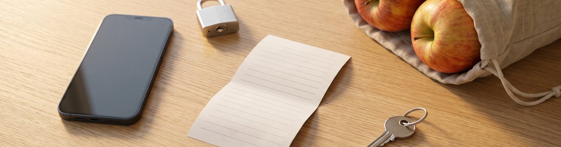 Smartphone, Vorhängeschloss und Einkaufszettel auf einem Holztisch als Symbol für ein geschütztes Kundenkonto