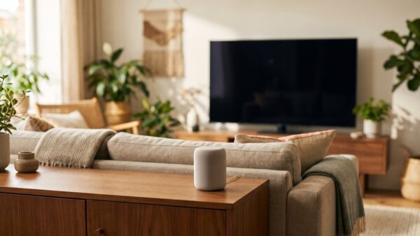 alexa umbenennen bild 3 Lautsprecher auf dem Sideboard vor einem dunklen Fernseher