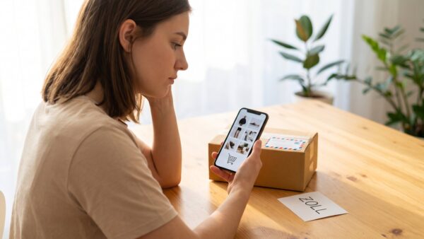 aliexpress zoll checkout 1 AliExpress Zoll 2026: Bestellung im Smartphone-Checkout neben einem Paket aus China