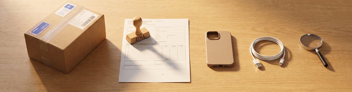 AliExpress Zoll: Paket, Zollstempel, Handyhülle und Ladekabel auf dem Schreibtisch