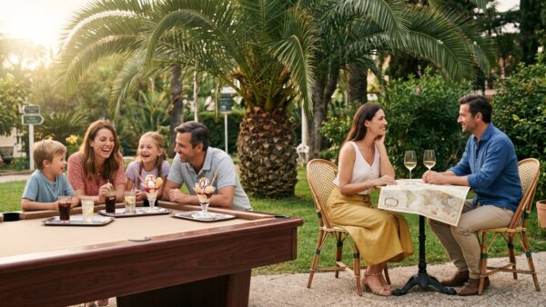 all inclusive urlaub bild 2 Familie am Pool und Paar mit Landkarte als zwei Nutzungsprofile für All Inclusive