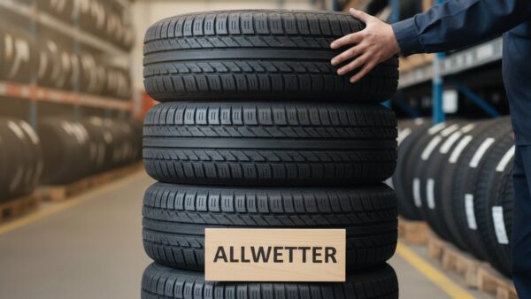 allwetterreifen symbole kauf Gestapelte neue Allwetterreifen im Reifenlager mit Schild Allwetter