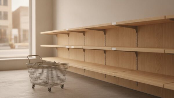 amazon fresh bild 4 Leeres Ladenregal mit leerem Einkaufskorb davor