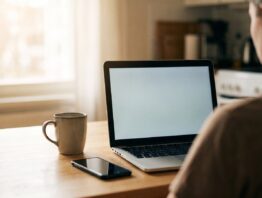 Aufgeklappter Laptop mit leerem Bildschirm und Smartphone auf einem Küchentisch im Morgenlicht