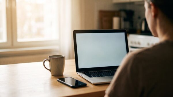 amazon login bild 1 Aufgeklappter Laptop mit leerem Bildschirm und Smartphone auf einem KĂŒchentisch im Morgenlicht
