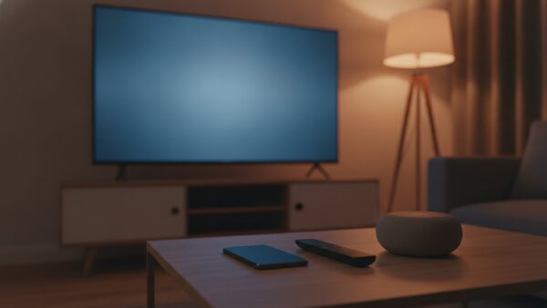 amazon login bild 2 Leuchtender Fernseher im Wohnzimmer, davor Smartphone, Fernbedienung und smarter Lautsprecher auf dem Tisch