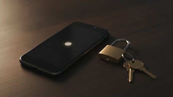 amazon login bild 3 Smartphone mit dunklem Display neben einem geschlossenen VorhĂ€ngeschloss und SchlĂŒsselbund auf dunklem Schreibtisch