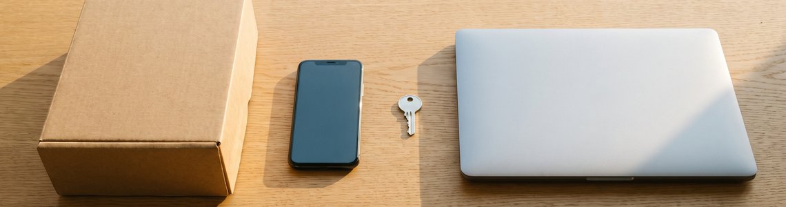 Versandkarton, Smartphone mit dunklem Display, Schlüssel und Laptop auf einem hellen Holzschreibtisch