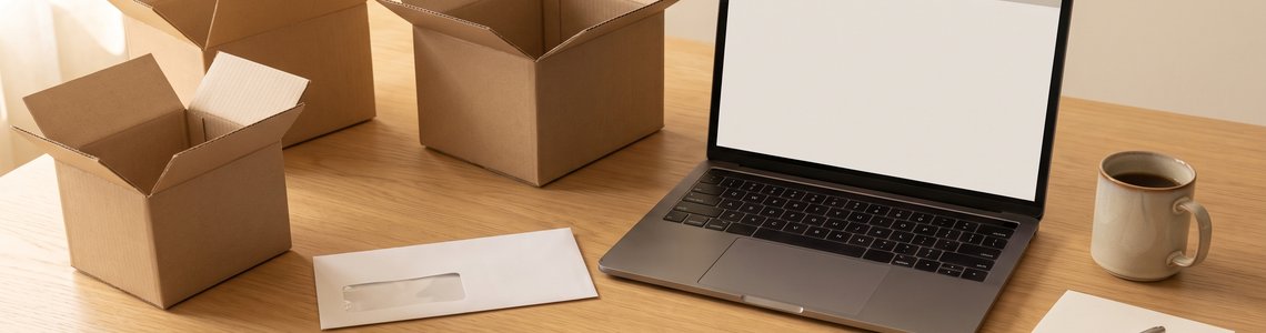 Amazon Monatsabrechnung: Versandkartons, Briefumschlag und Laptop auf dem Schreibtisch